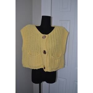 Chunky Knit Sleevelss Cropped Cardigan Sweater Vest Yellow Size Large
